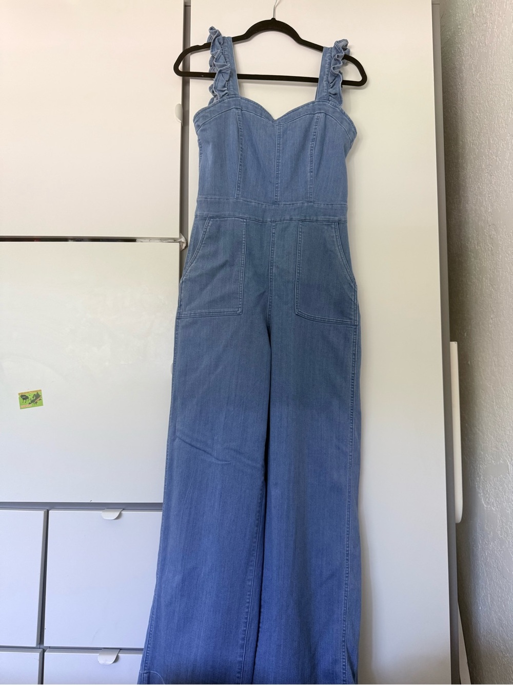 Denim Wide-Leg Jumpsuit with Ruffle Straps - Blue